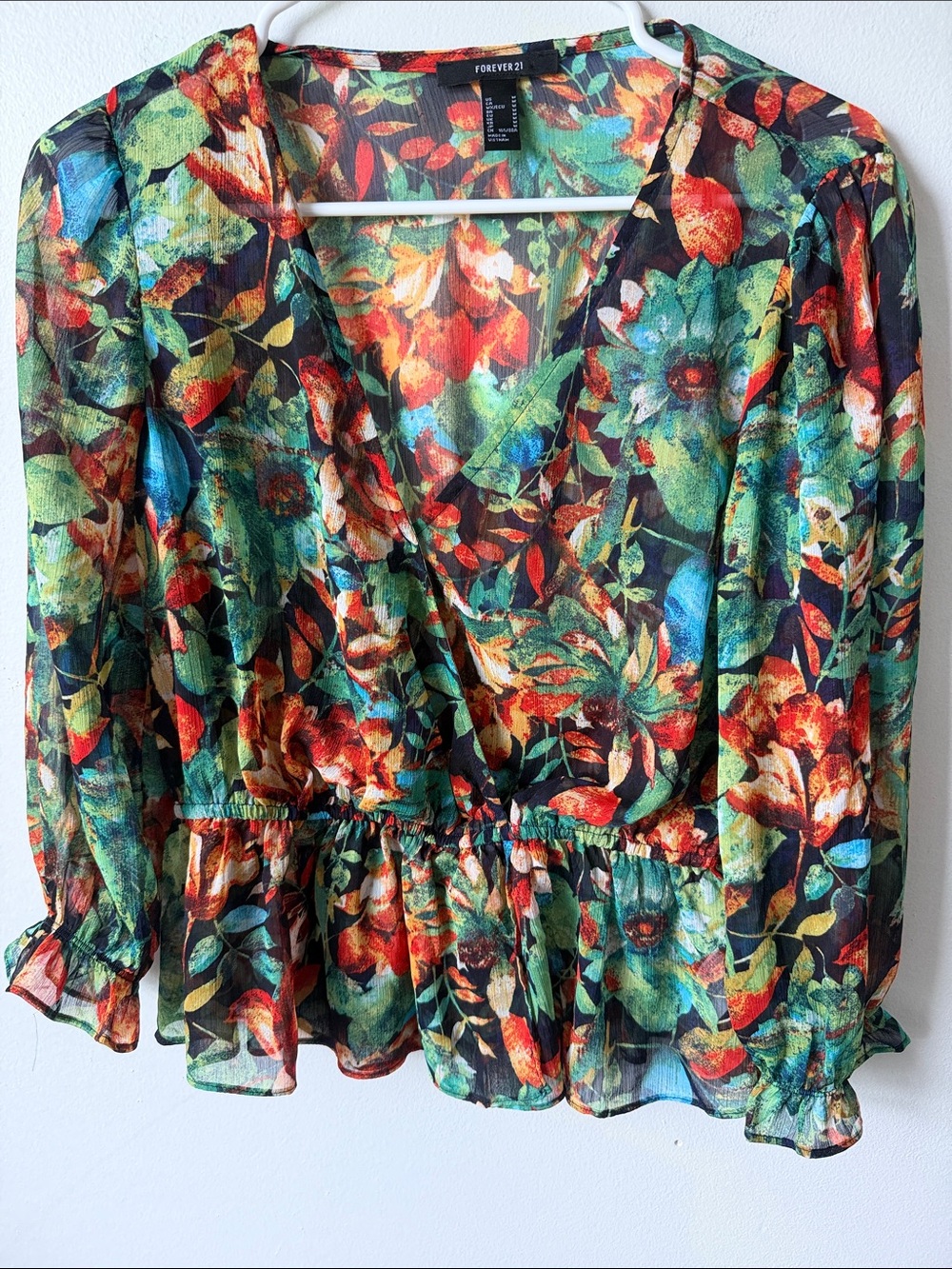 Forever 21 Floral Sheer Wrap Blouse in Black with Green, Red and Orange SZ M